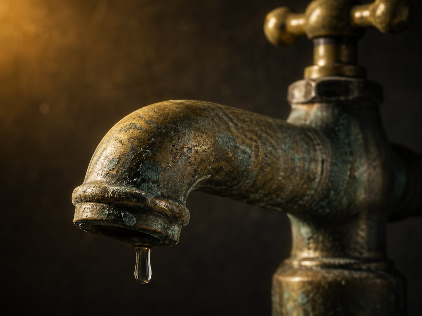 Old corroded brass faucet with mineral deposits and a dripping water drop — a sign of needing replacement