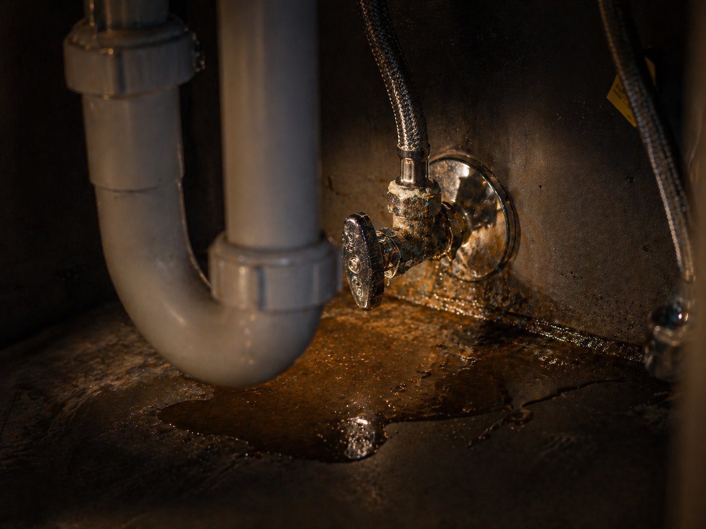 Water leak under a kitchen sink showing puddle around supply line and shutoff valve — a sign of failing fixtures