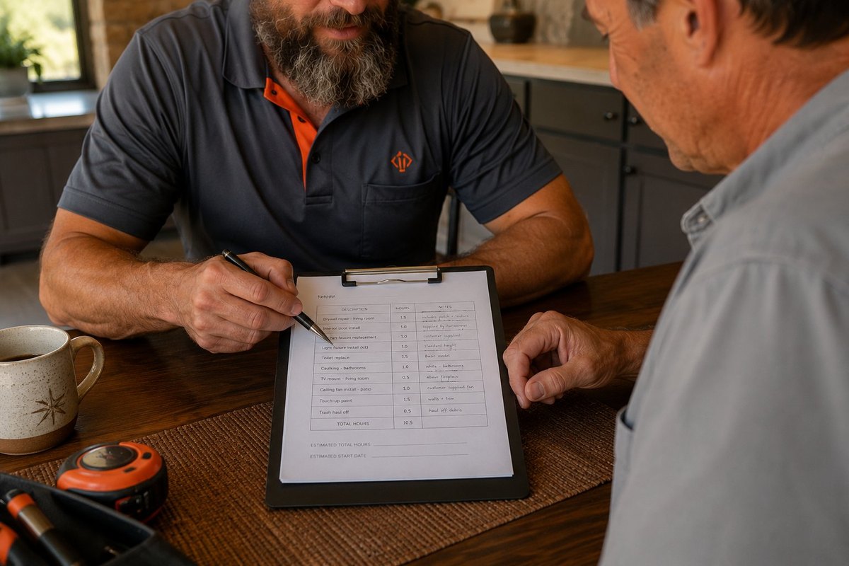 Homeowner and handyman reviewing a written work estimate on a clipboard — Bastrop TX