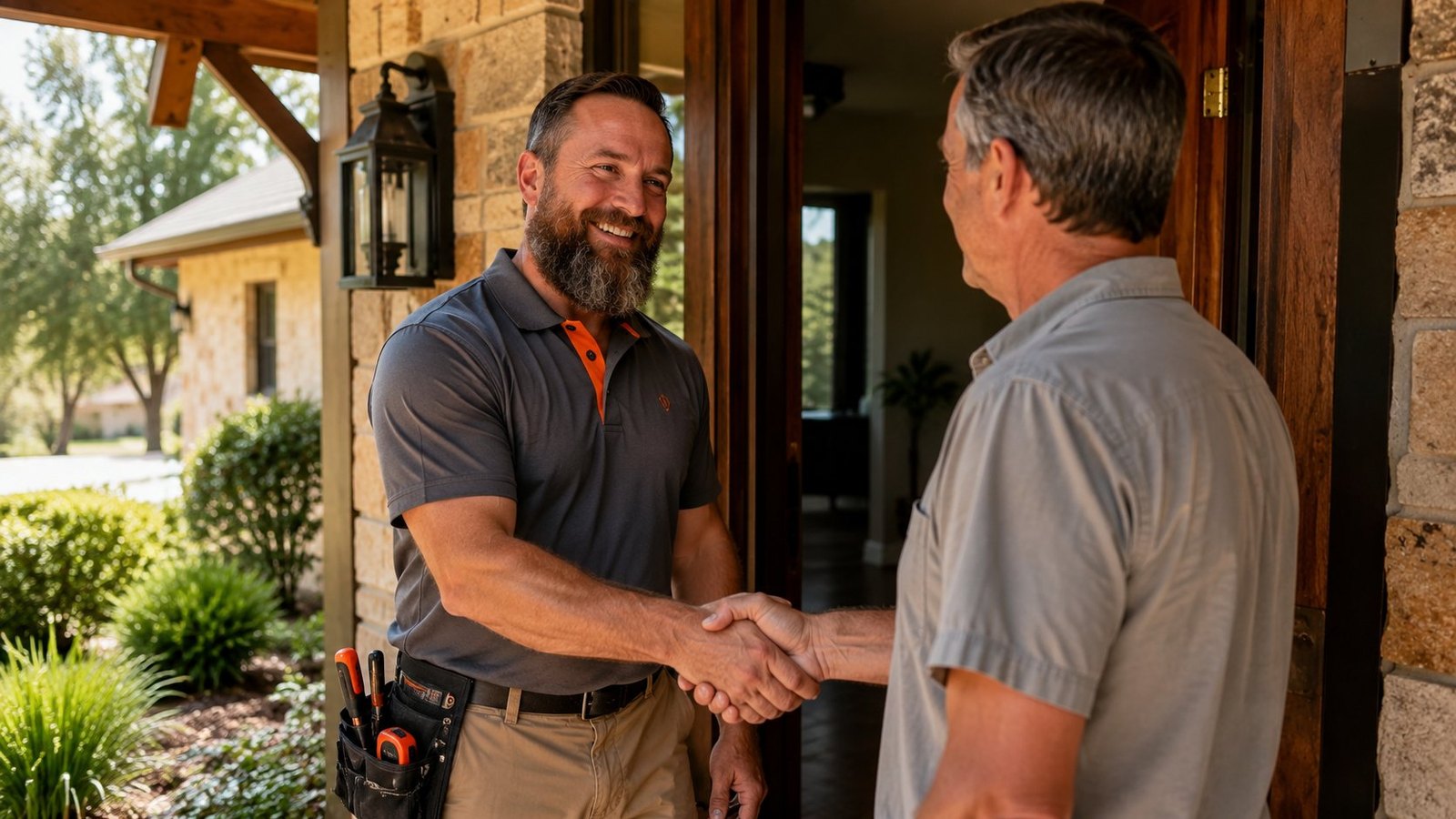 Handyman shaking hands with a homeowner at the front door — Rinelli Services, Bastrop TX