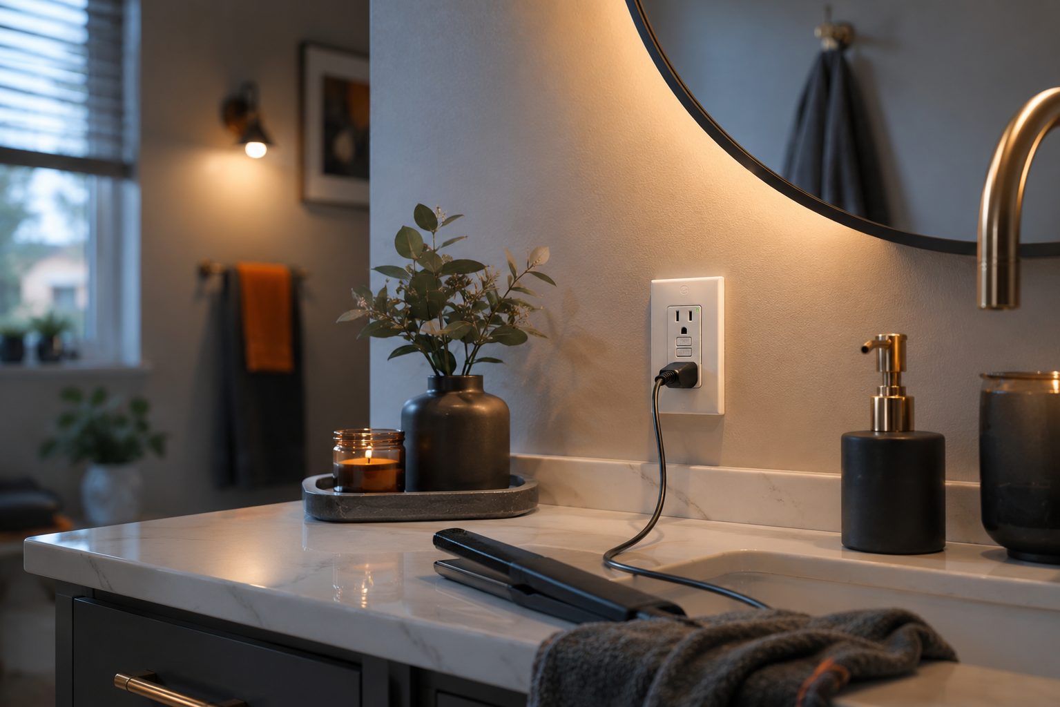 Modern bathroom counter with a GFCI outlet protecting everyday appliances — Bastrop TX home