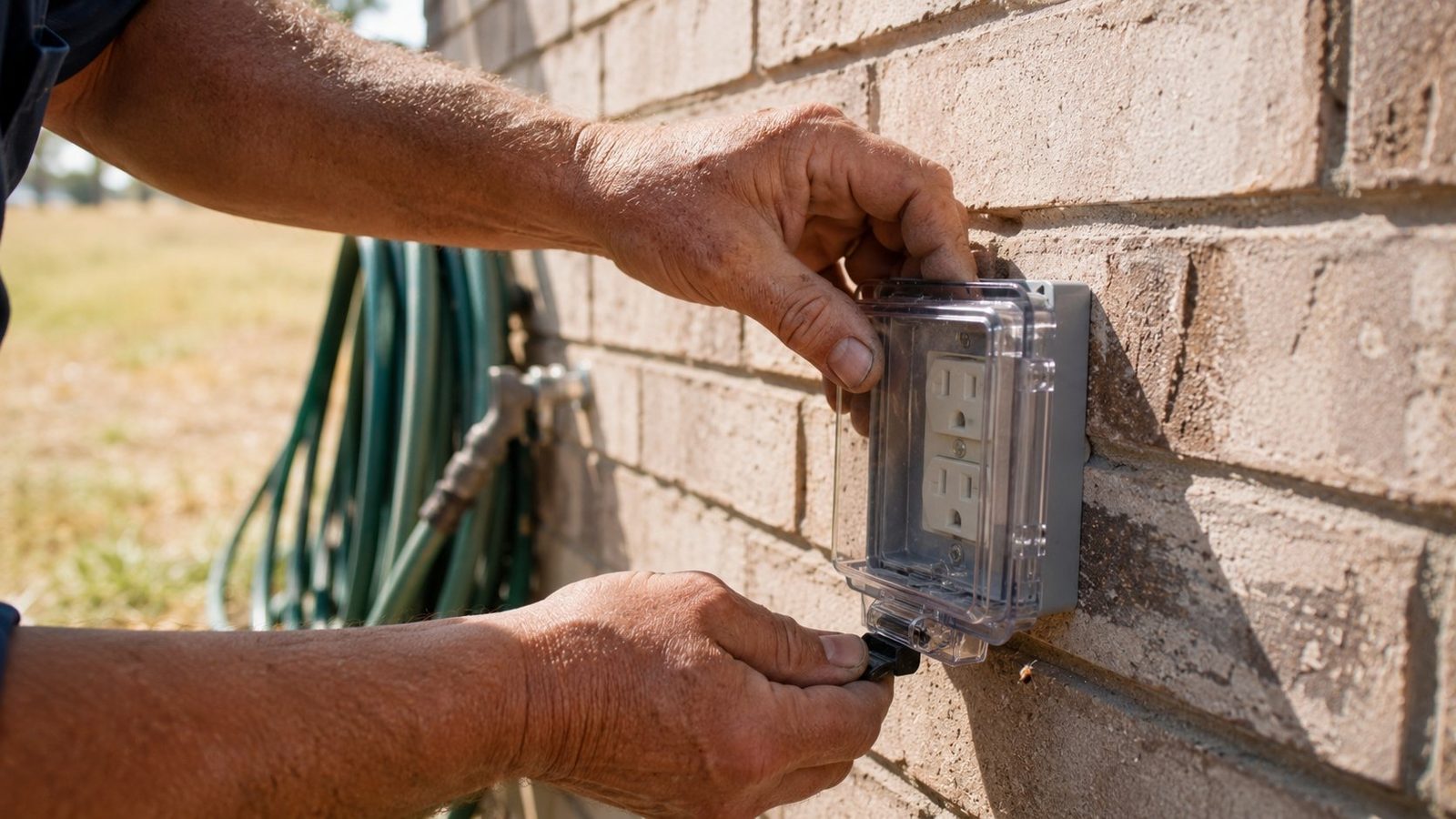 Hands installing a weatherproof in-use bubble cover on an outdoor electrical outlet at a Texas home — Rinelli Services, Bastrop TX
