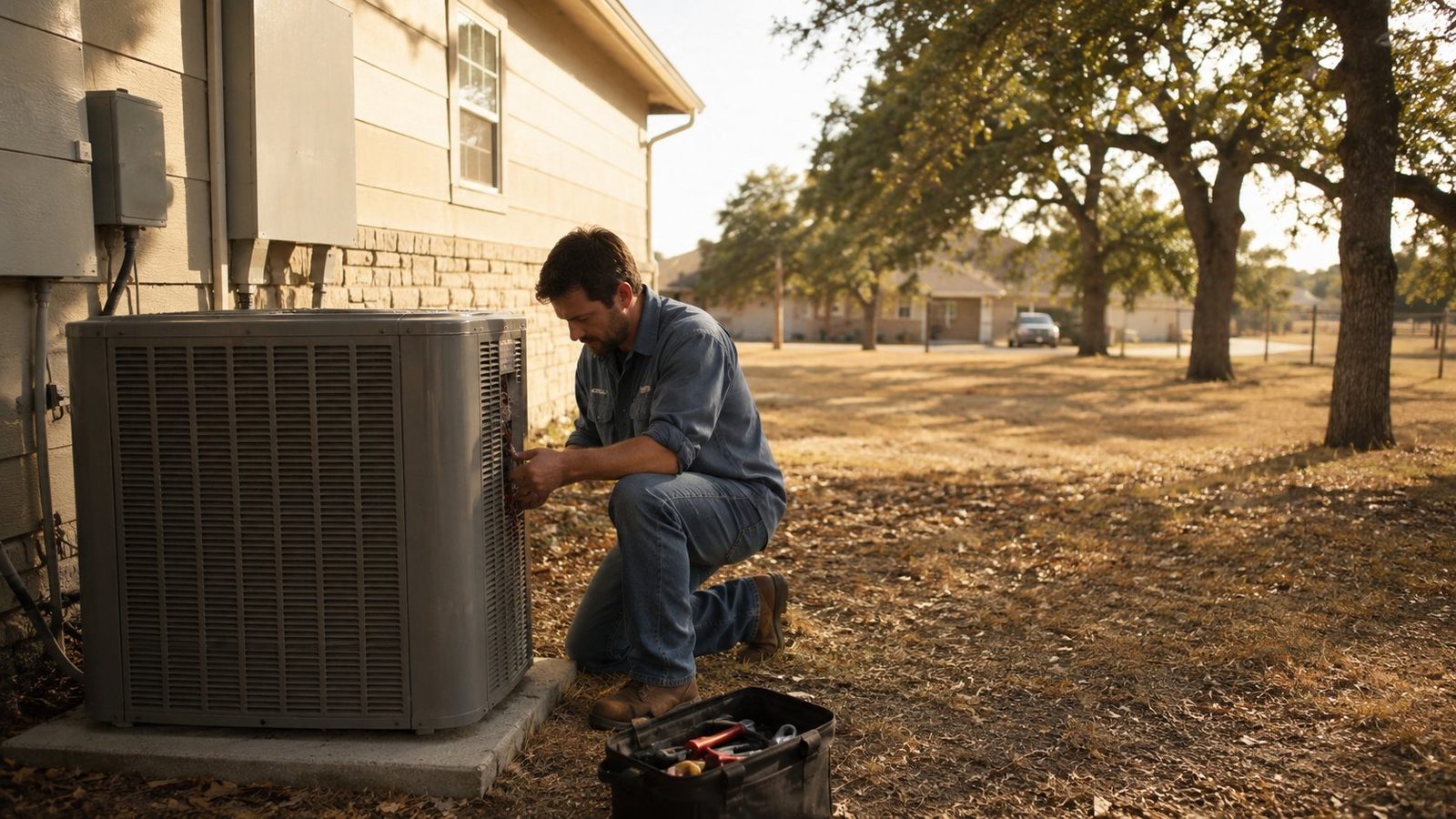 Handyman servicing outdoor AC condenser before Texas summer