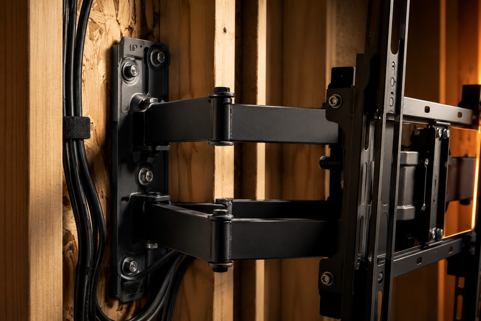 Heavy-duty full-motion TV wall mount bracket installed into wood studs — close-up by Rinelli Services