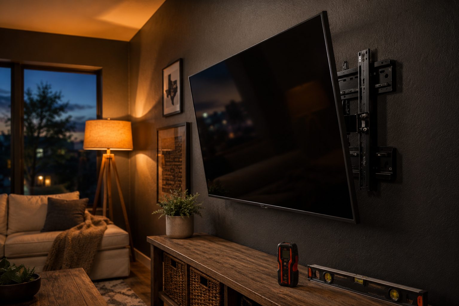 TV mounted on accent wall using a tilt mount in a modern Bastrop TX living room — Rinelli Services