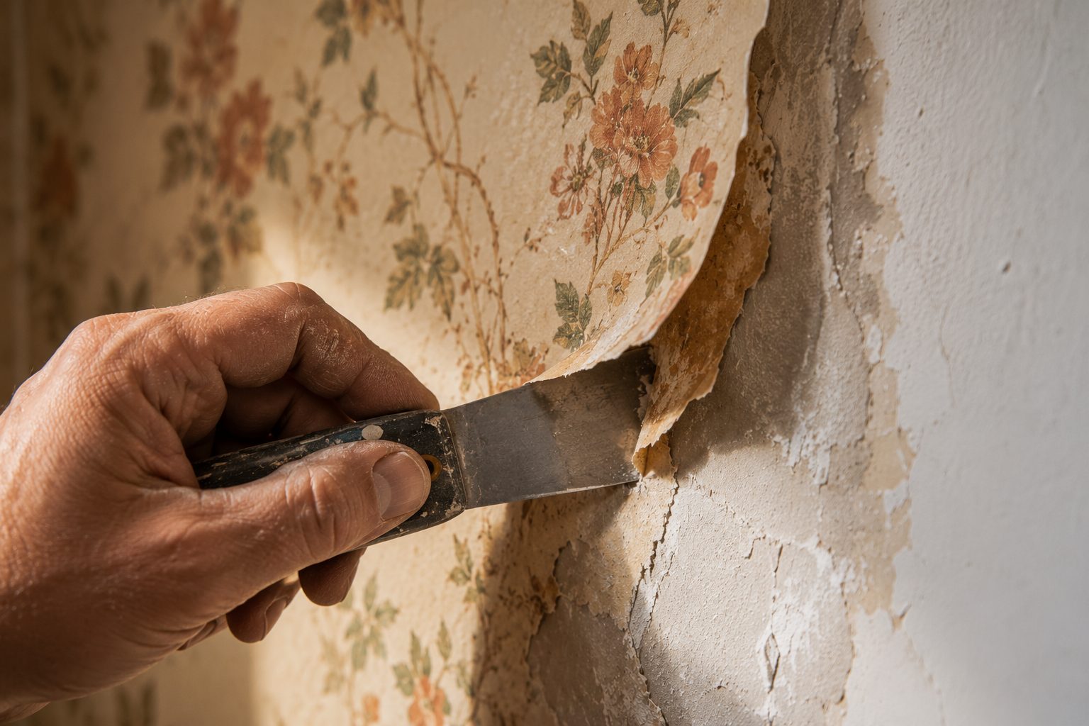 Hand using a putty knife to test vintage wallpaper for removal — Rinelli Services Bastrop TX