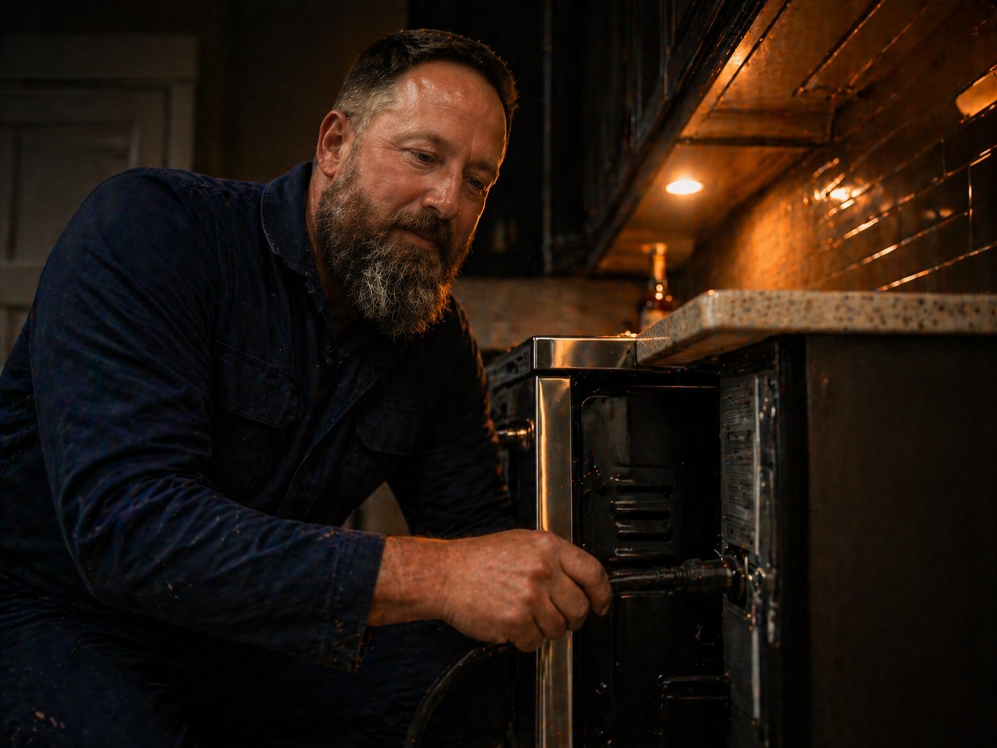 Jesse Marinelli connecting an oven in a kitchen in Bastrop, TX
