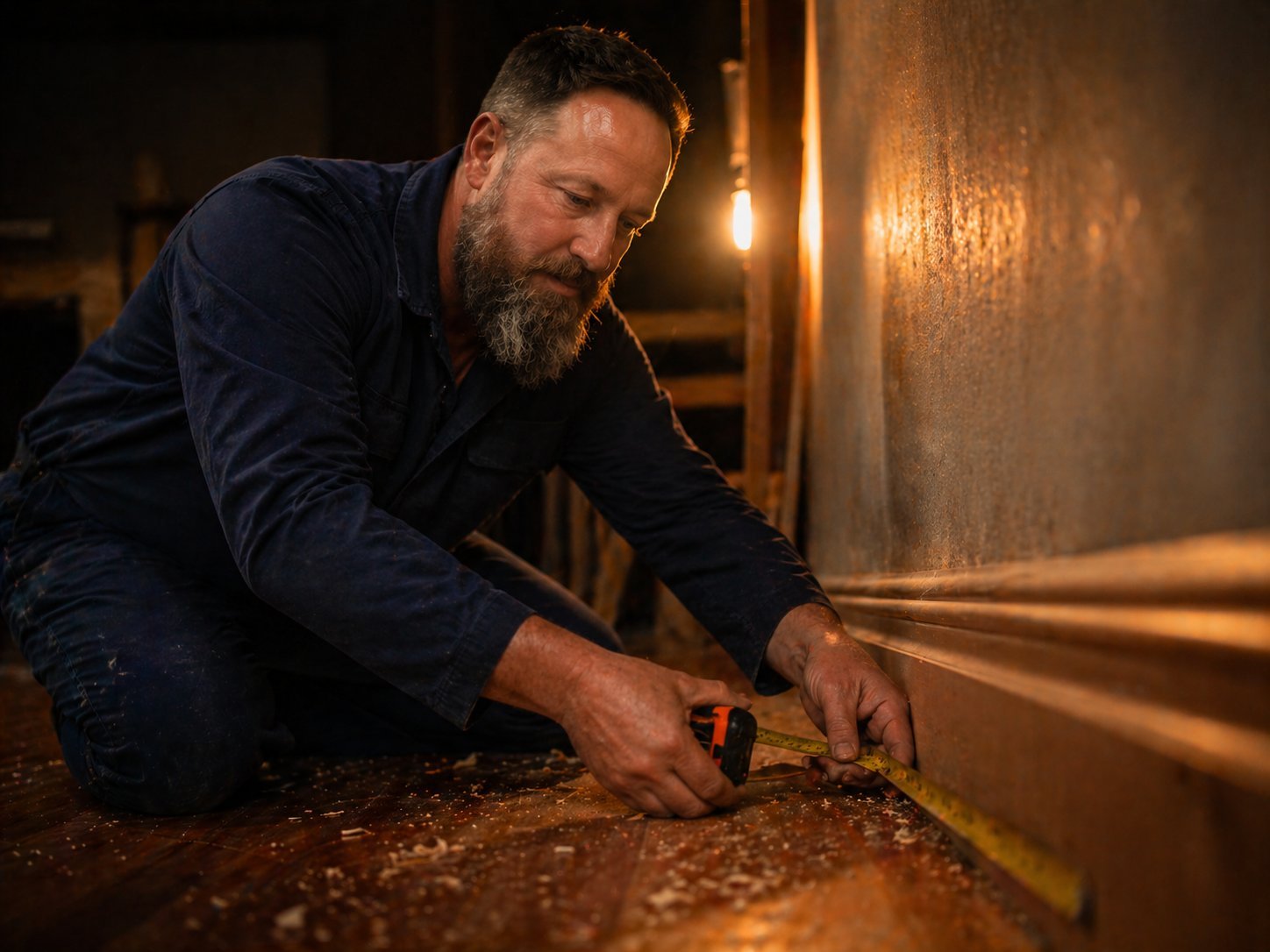 Jesse Marinelli measuring baseboards in a workshop in Bastrop, TX