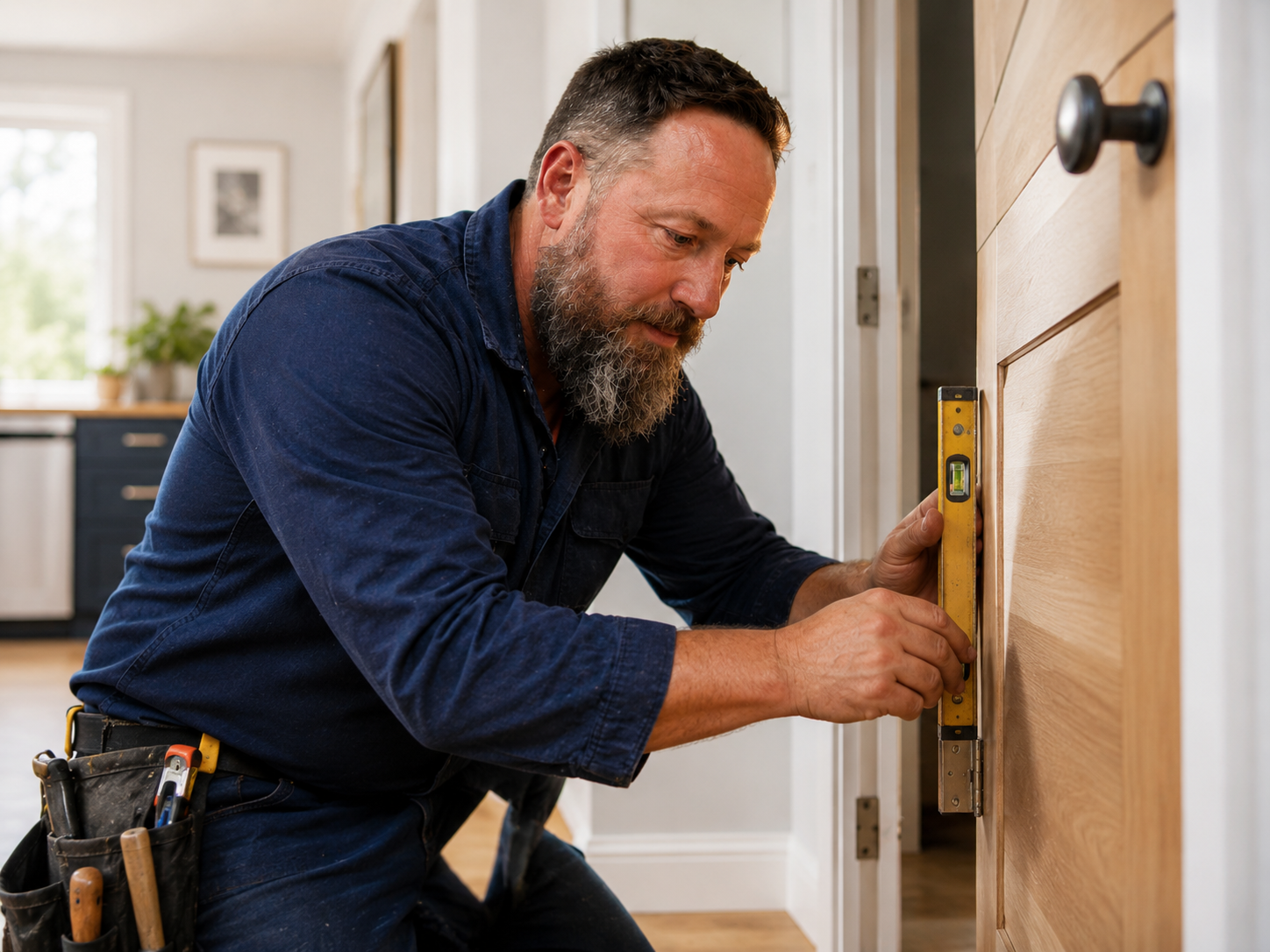 Jesse hanging an interior door in a Bastrop, TX home