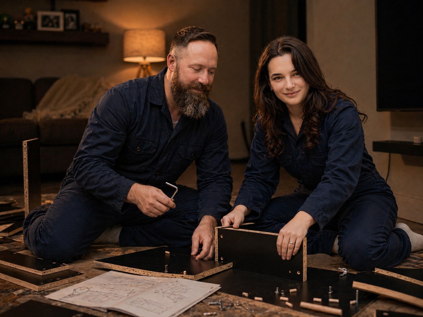 Jesse and El Marinelli assembling furniture in a Bastrop, TX home