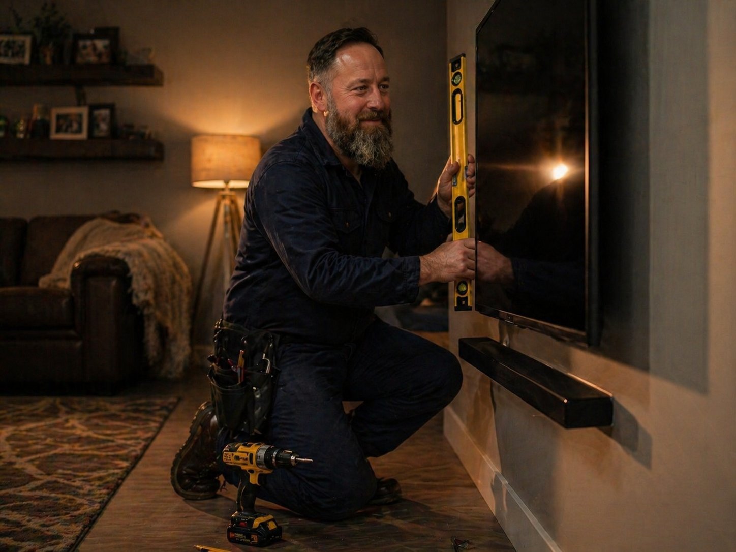 Jesse mounting a flat-screen TV with a level in a Bastrop, TX living room